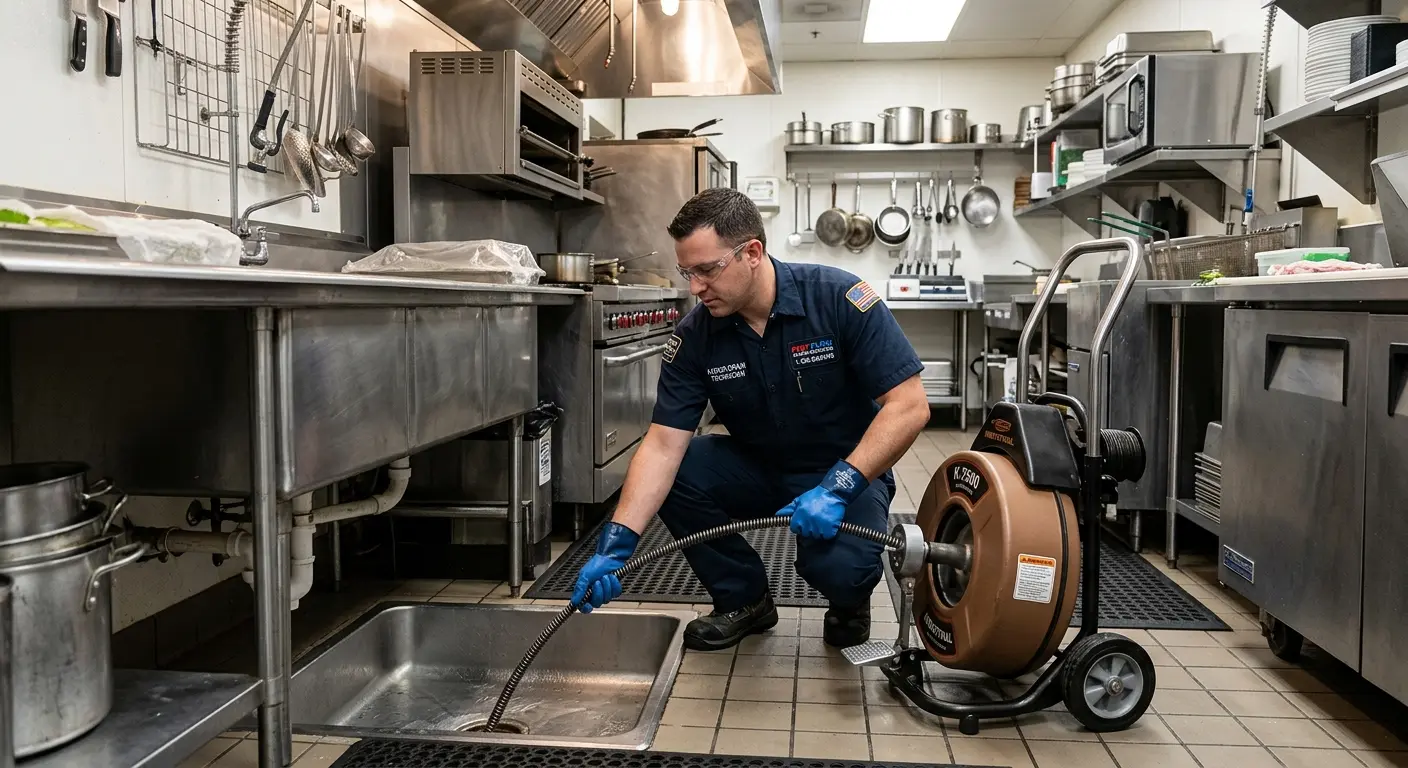 Commercial drain cleaning service in a restaurant kitchen in Texarkana