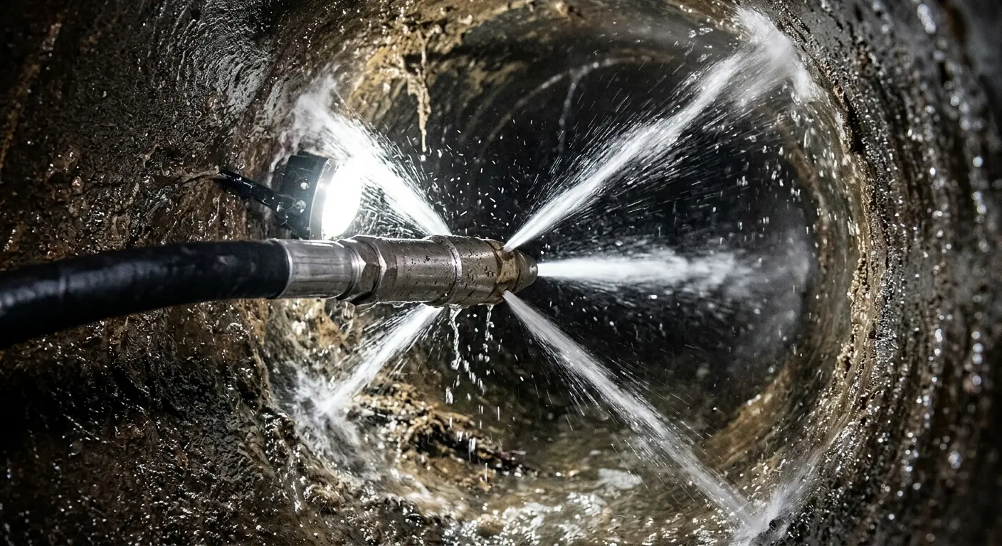 High-pressure hydro jetting nozzle cleaning sewer pipe for Emergency Drain Service in Texarkana