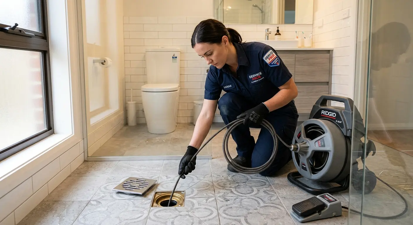 Technician clearing a bathroom floor drain for Drain Repair in Texarkana